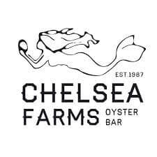 Logo of Chelsea Farms Oyster Bar, established in 1987, featuring a stylized whale design. Logo of Chelsea Farms Oyster Bar, established in 1987, featuring a stylized whale design.